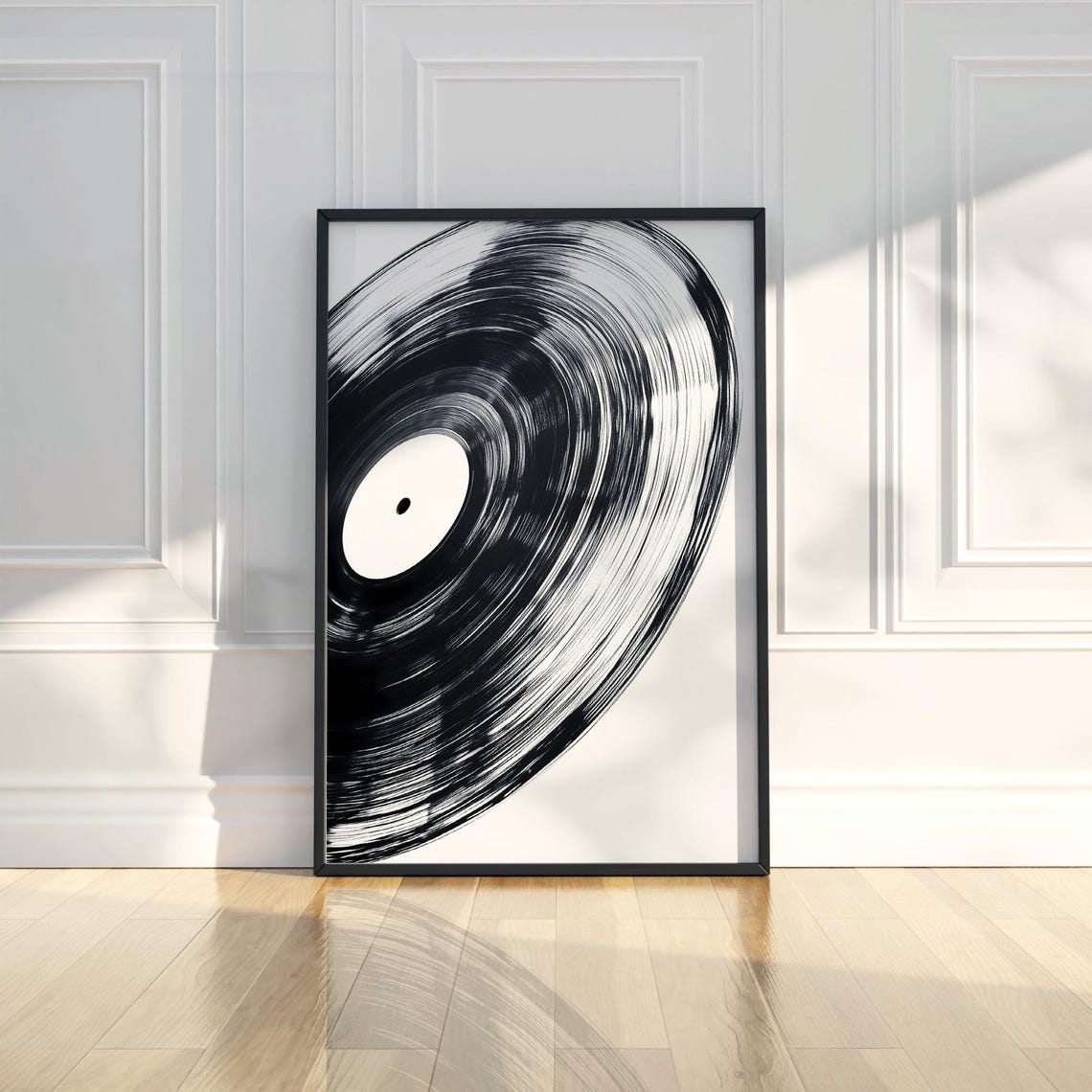 Spinning Vinyl Record Close Up Black White Abstract Music Poster
