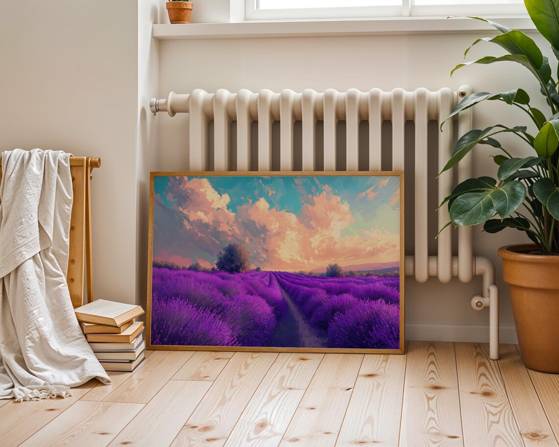 Purple Lavender Field Rows Sunset Sky Pastel Landscape Poster - Image 4