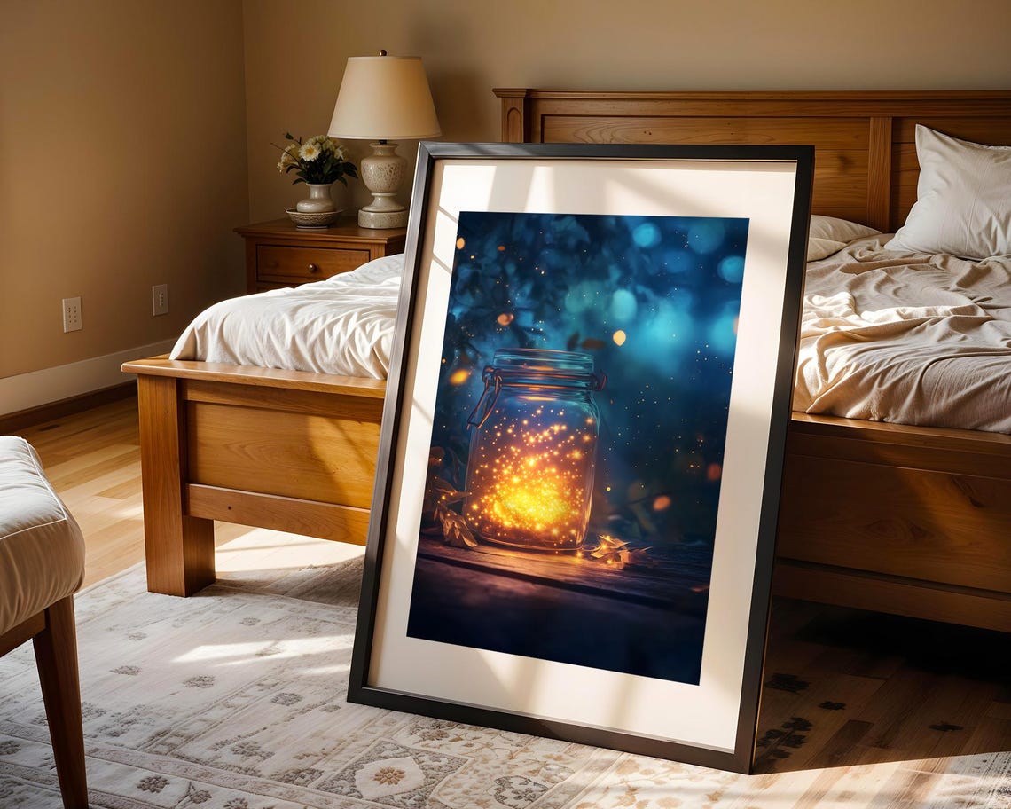 Fireflies Glowing In A Glass Jar Deep Blue Forest Night Poster - Image 4