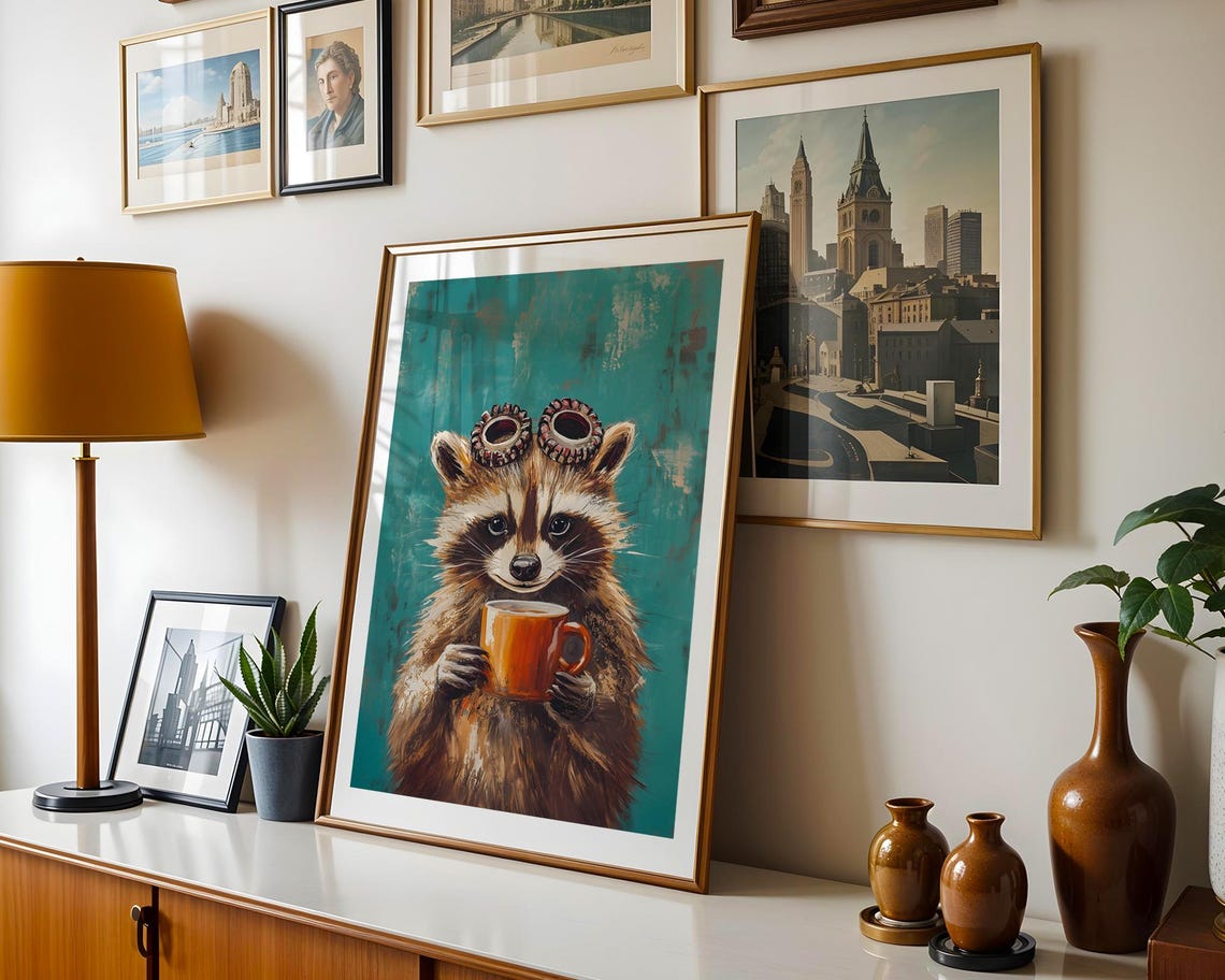 Whimsical Raccoon Coffee Mug Goggles Animal Art Illustration Trendy Wall Room Decor Prints Print - Image 4
