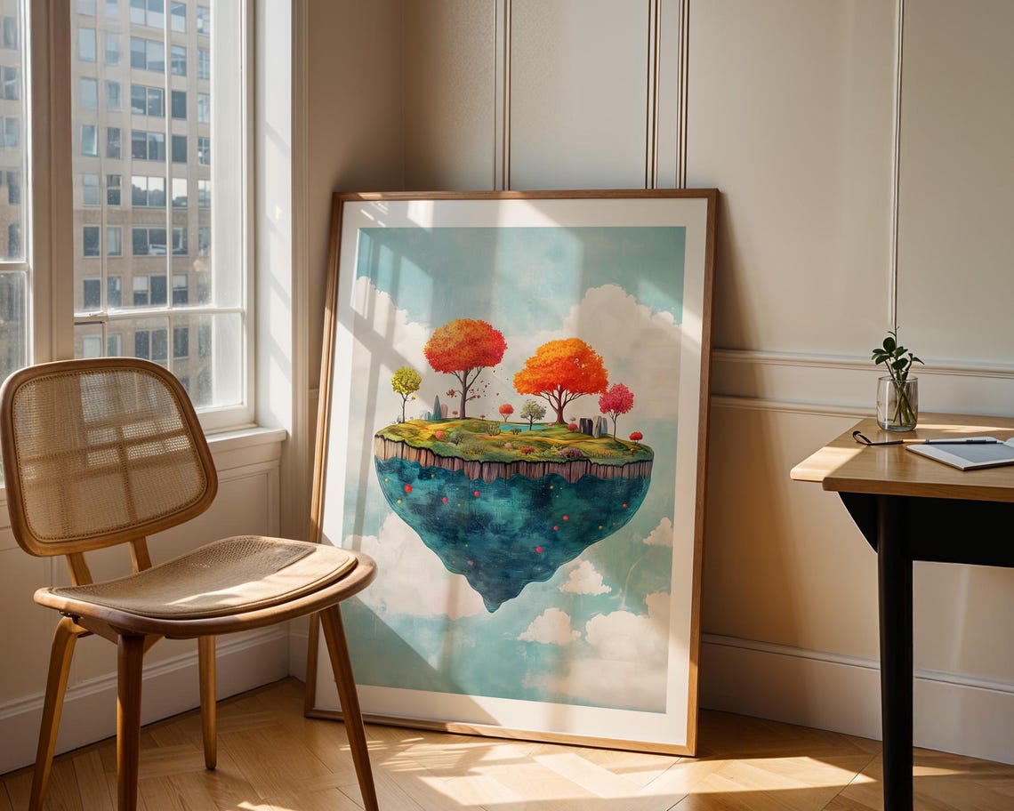 Floating Island Autumn Tree Watercolor Whimsical Fantasy Poster - Image 2