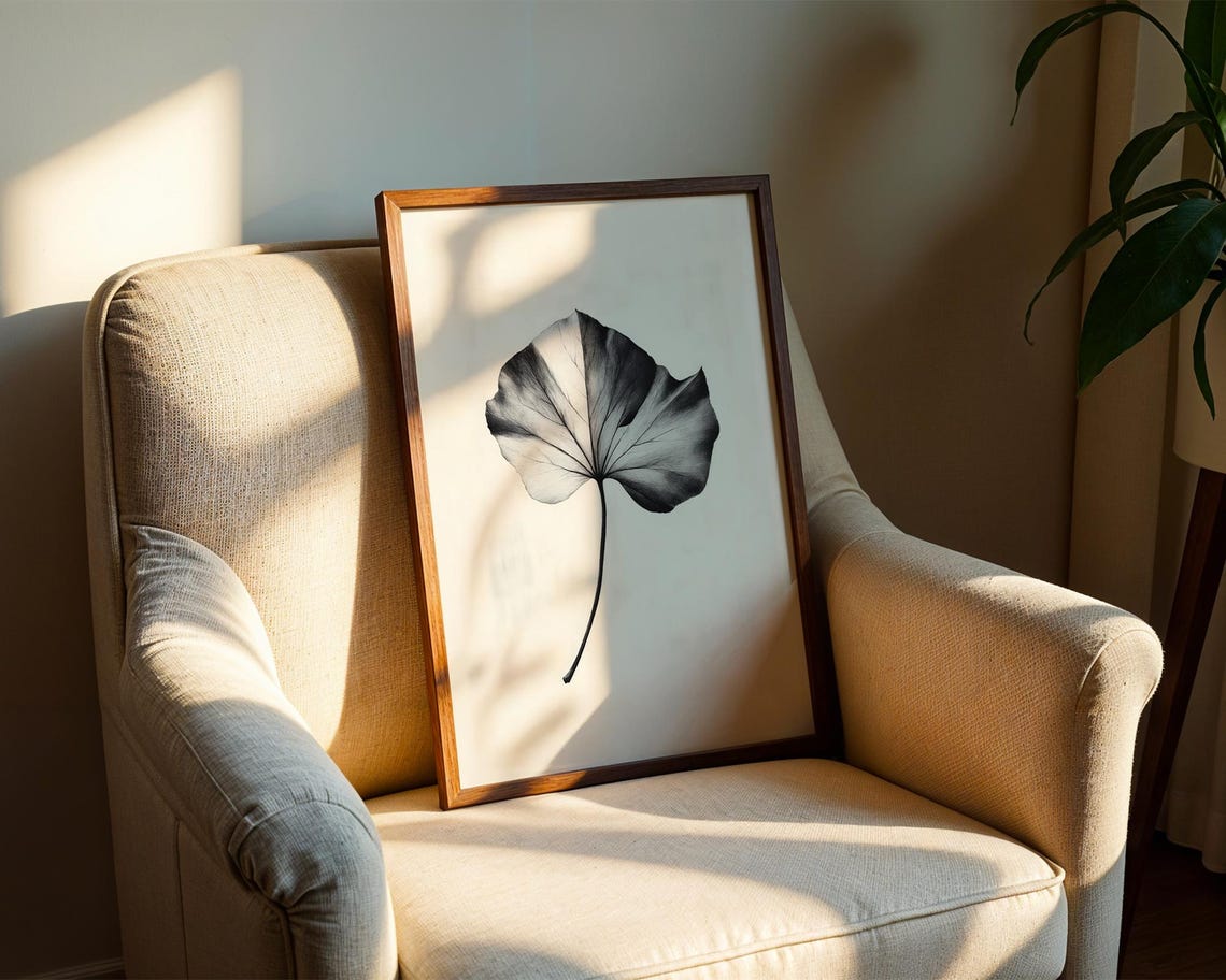 Black White Leaf Botanical Line Drawing Minimalist Art Poster - Image 2