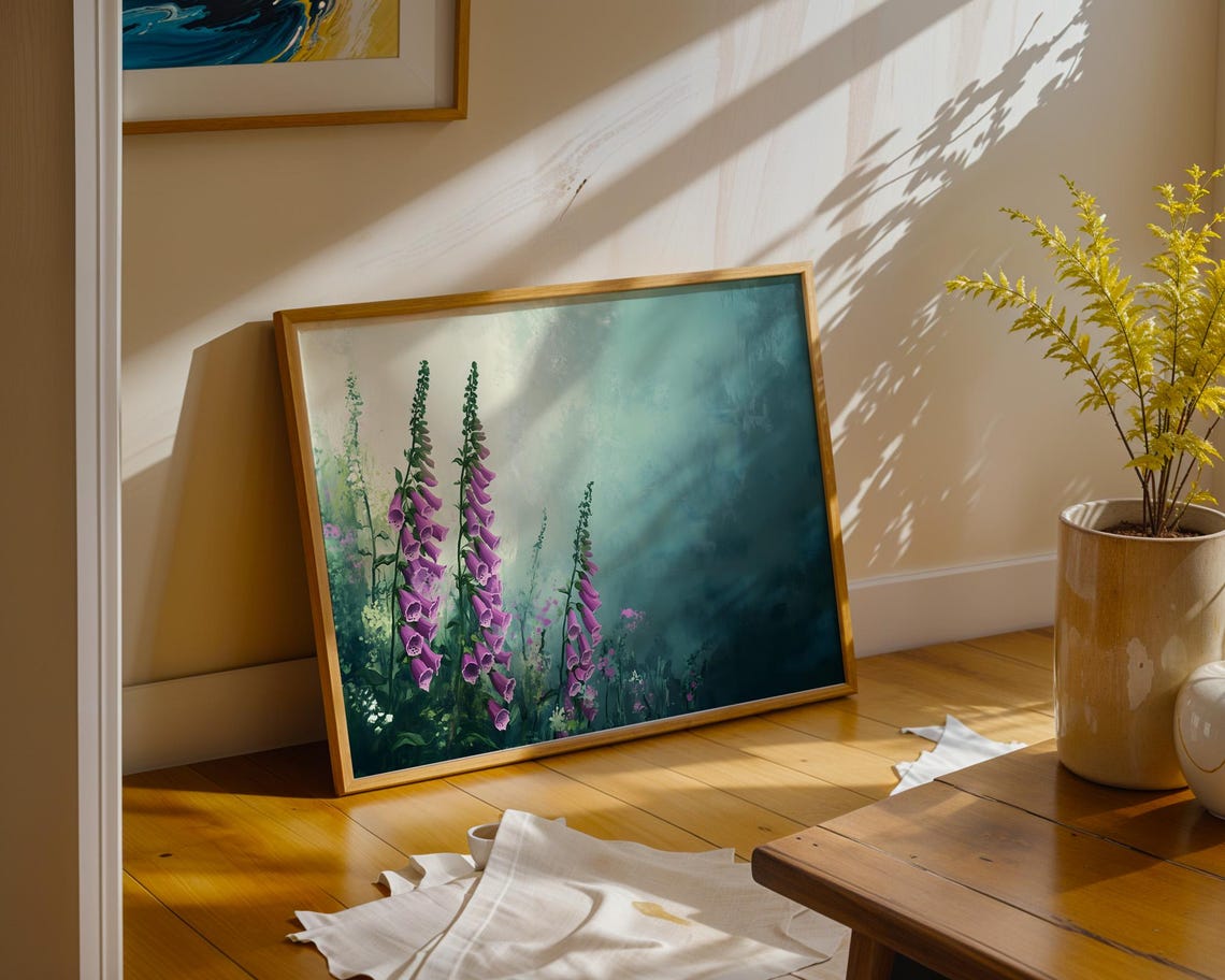 Purple Foxglove Flowers Misty Teal Garden Watercolor Art Poster - Image 3