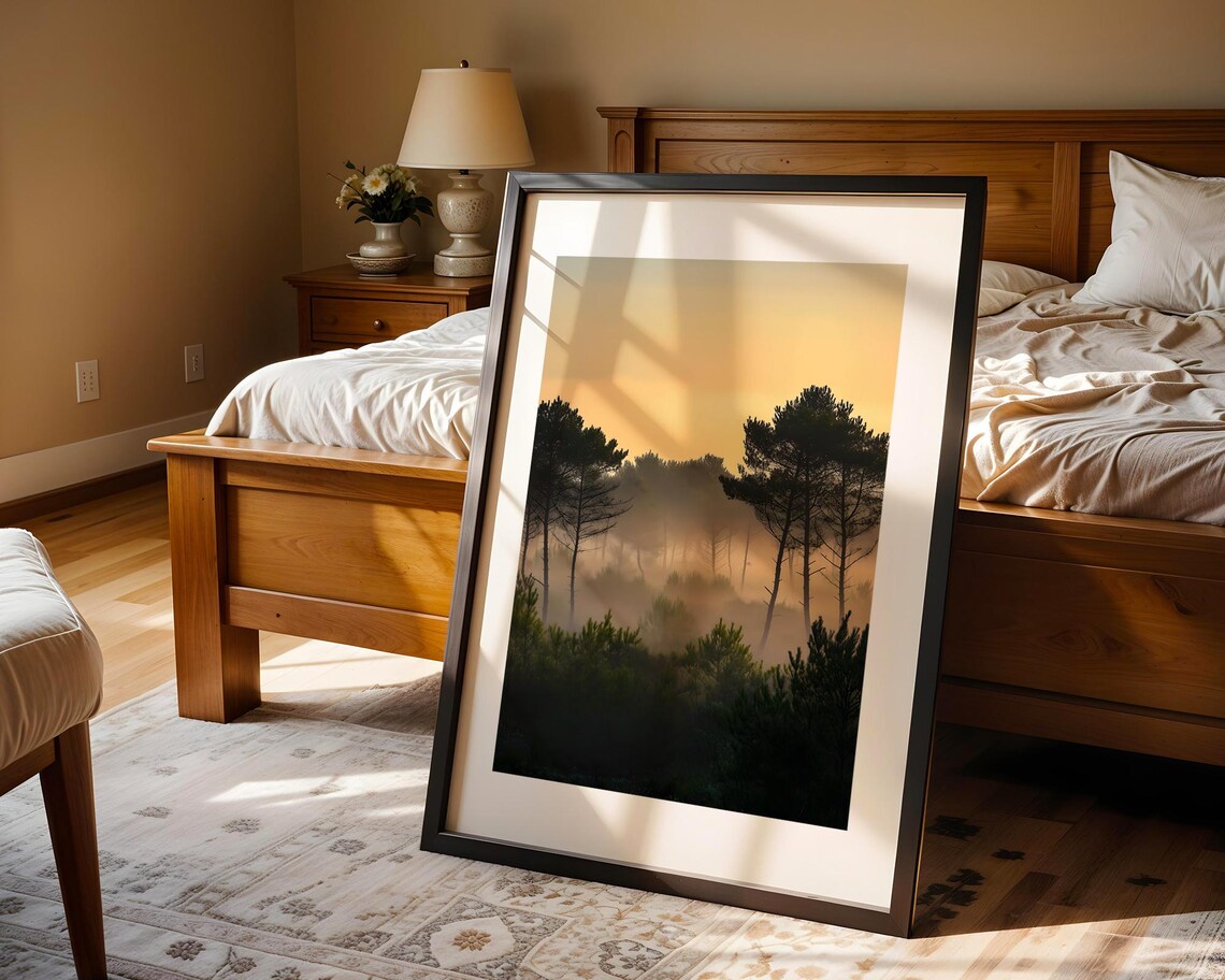 Misty Pine Forest at Golden Sunrise Art Poster for Calm Decor - Image 4