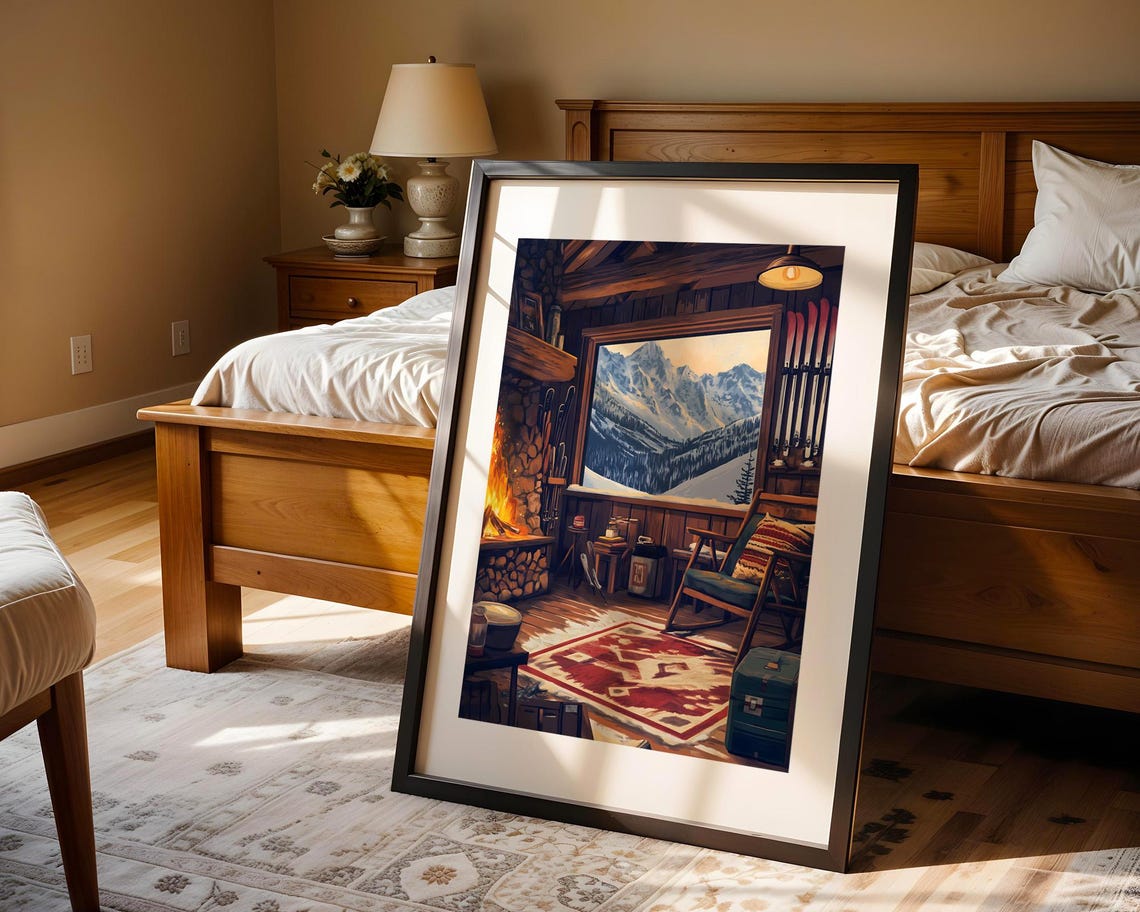Cozy Ski Cabin Interior Fireplace Mountain View Lodge Poster - Image 4