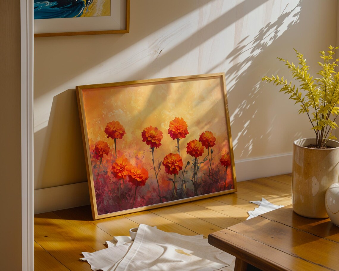Burnt Orange Marigolds Golden Glow Textured Floral Oil Painting Poster - Image 4