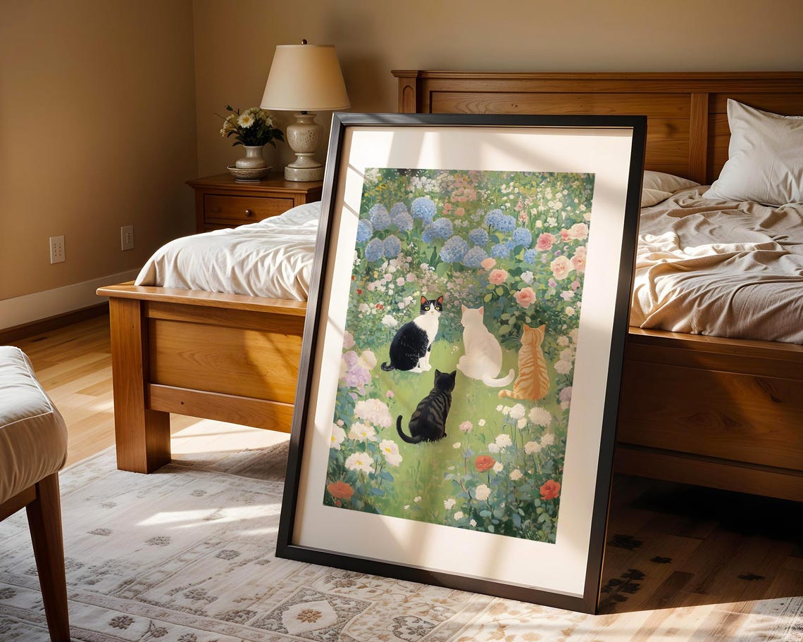 Four Cats in Flower Garden Hydrangea Rose Watercolor Style Poster - Image 4