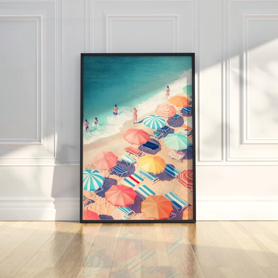 Colorful Beach Umbrellas And Swimmers Sunlit Coastal Scene Poster