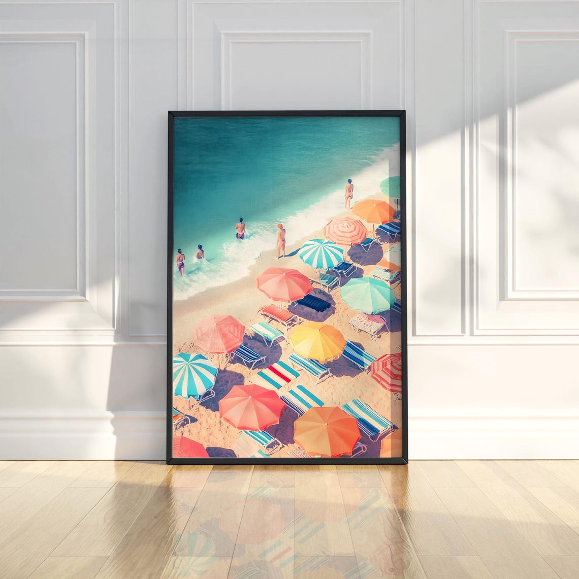 Colorful Beach Umbrellas And Swimmers Sunlit Coastal Scene Poster