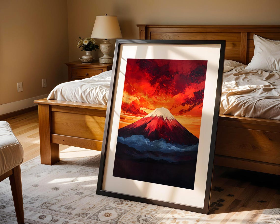 Fiery Mount Fuji Sunset Red Sky Japanese Mountain Painting Poster - Image 5