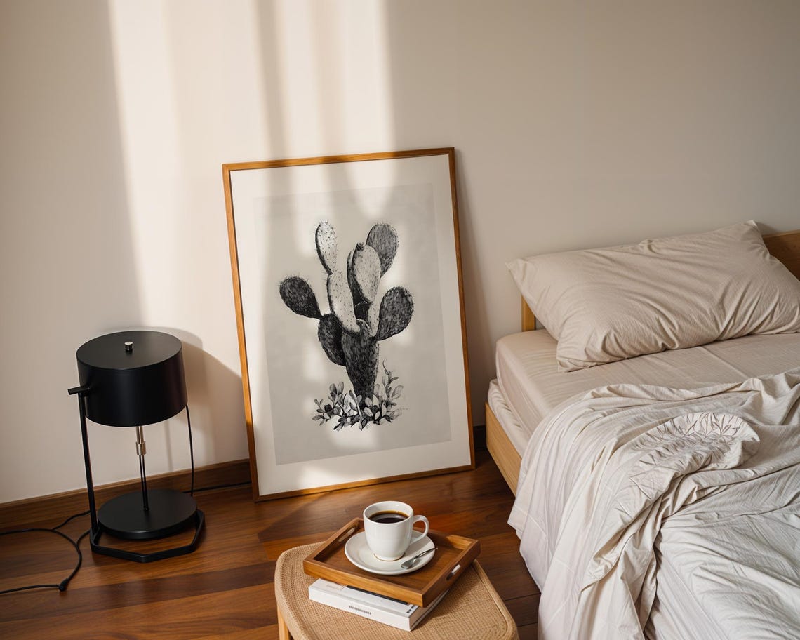Charming Prickly Pear Cactus Black And White Pencil Sketch Poster - Image 3