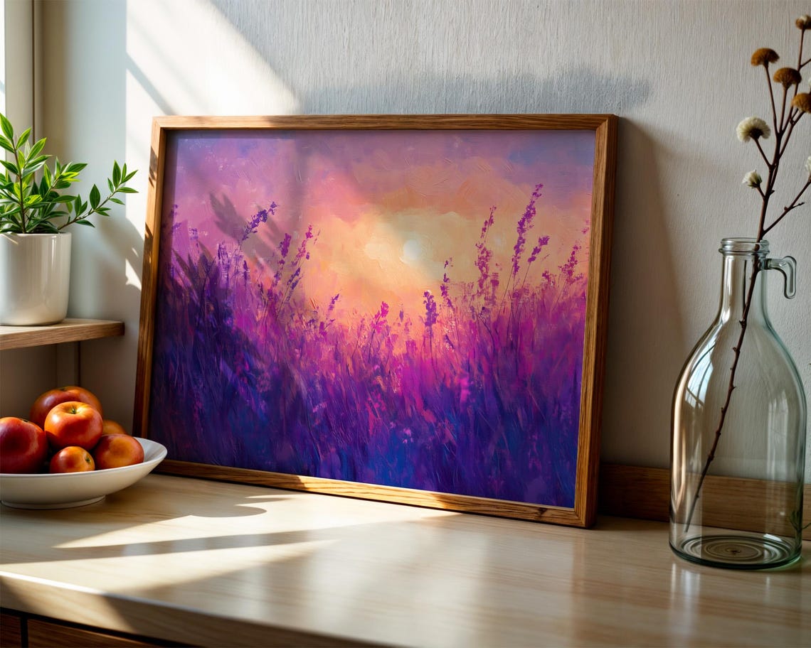 Purple Meadow Grass Sunset Peach Sky Glowing Abstract Art Poster - Image 2