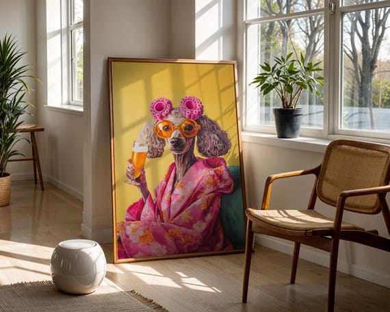Poodle In Pink Hair Curlers With Beer Funny Dog Portrait Painting Trendy Wall Art Modern Prints Print