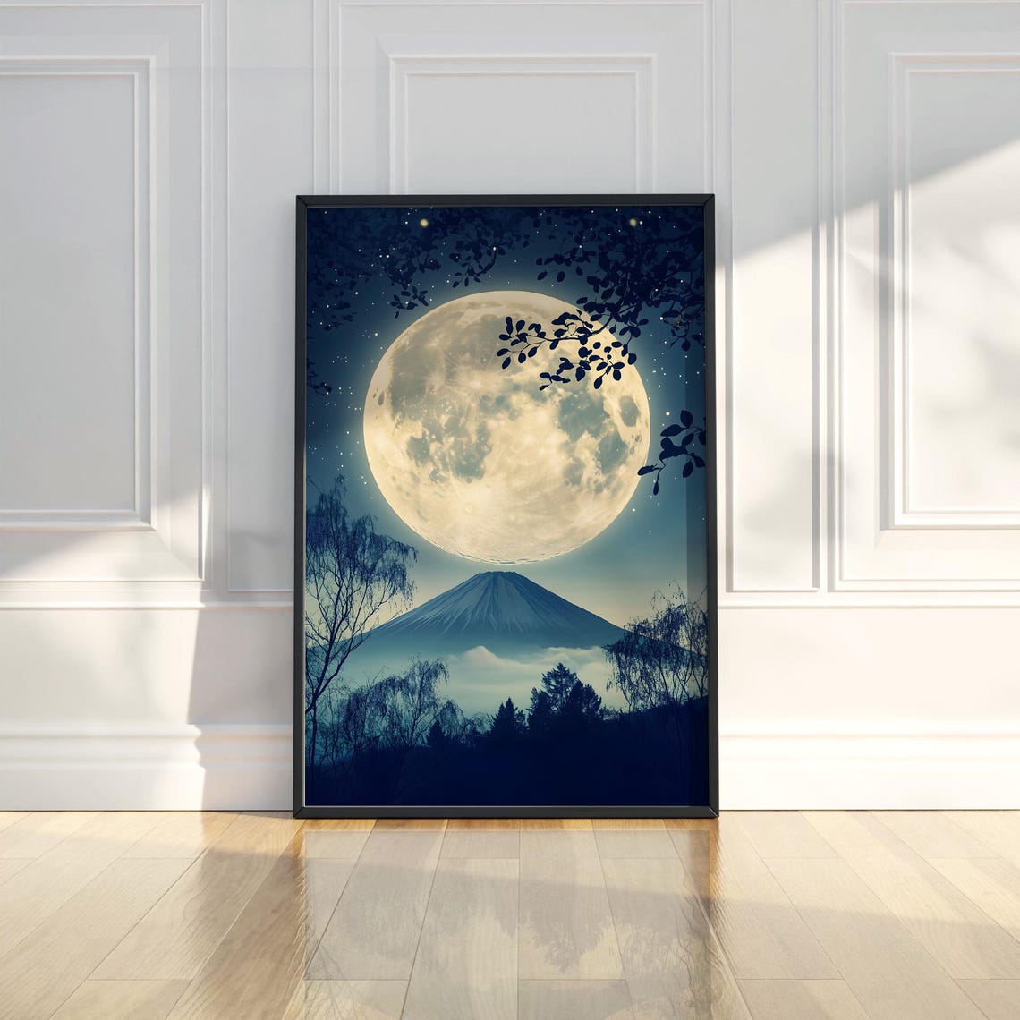 Japan Full Moon Rising Over Mount Fuji Night Sky Scene Poster