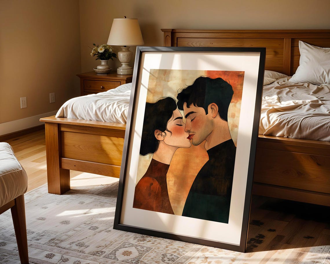 Romantic Couple Kiss Warm Orange Stylized Love Illustration Poster - Image 4