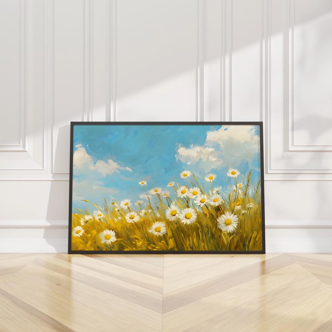 Wild Daisies Golden Wheat Field Blue Sky Summer Meadow Wall Art