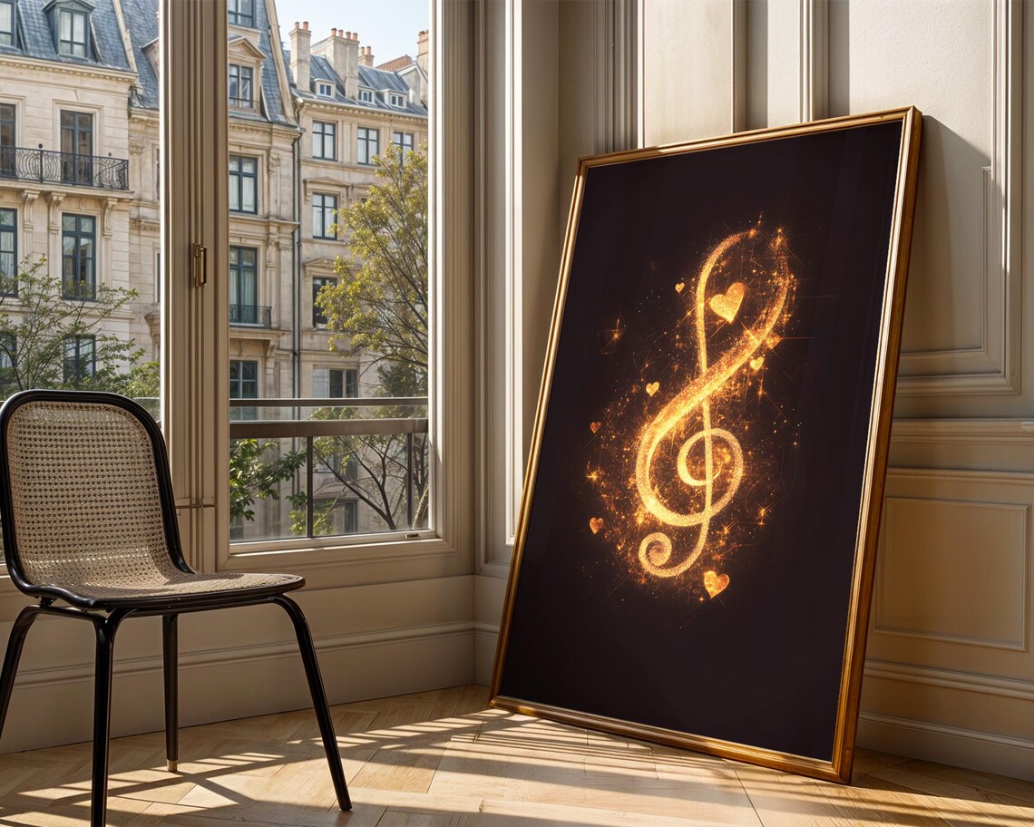Golden Treble Clef Hearts Black Background Music Note Glow Art Poster - Image 3