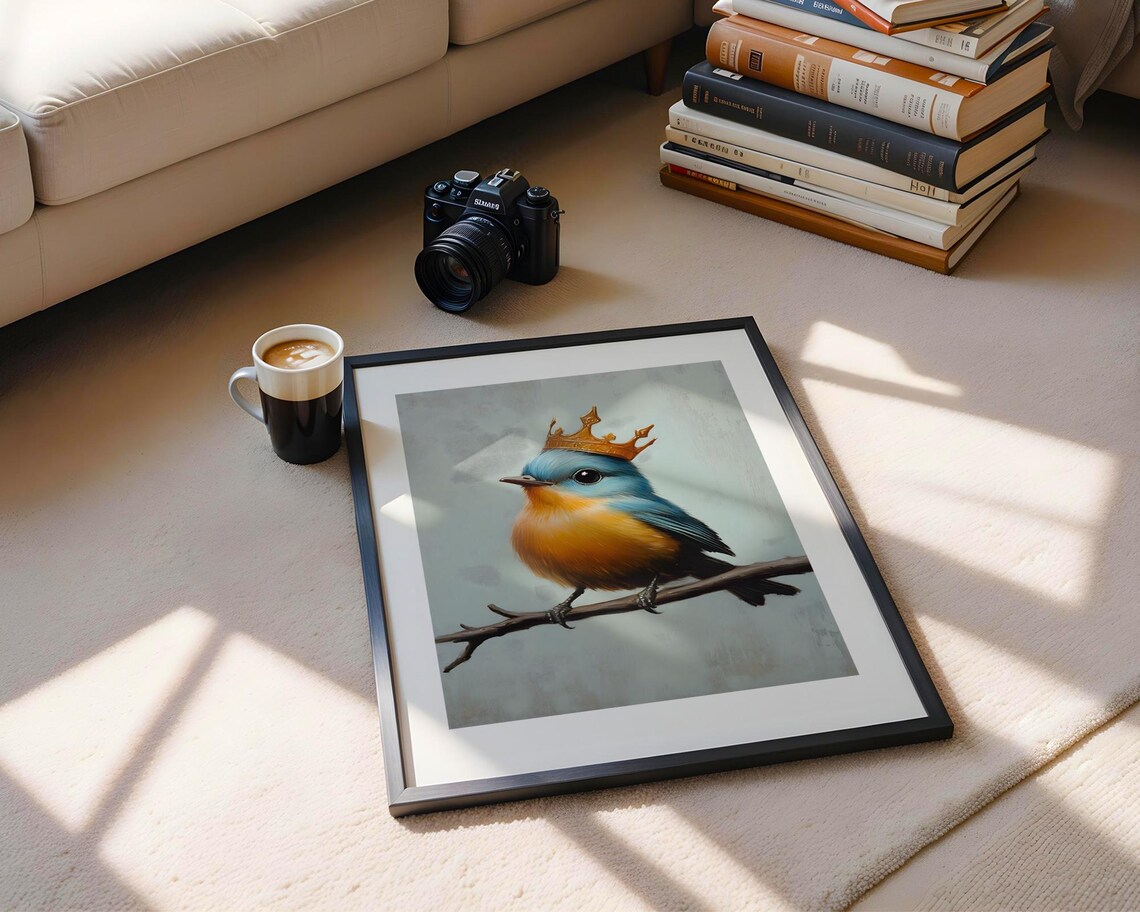 Cute Little Bird Wearing Golden Crown Whimsical Nursery Wall Art - Image 4