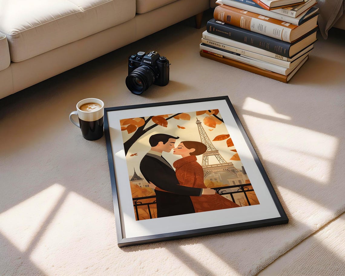 Paris Couple Autumn Leaves Eiffel Tower Romantic Illustration Poster - Image 5