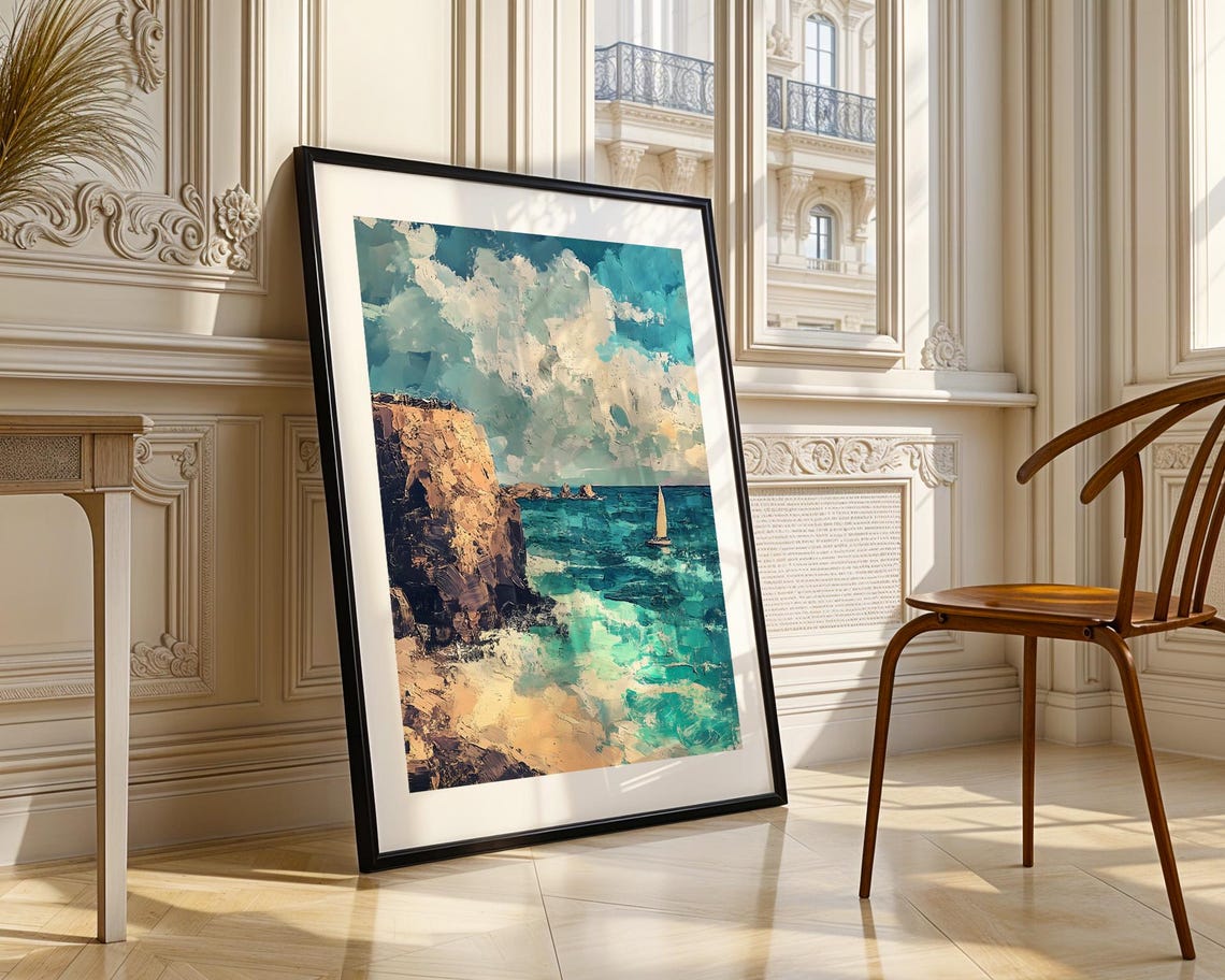 Coastal Cliffs Sailboat Turquoise Sea Impressionist Art Poster - Image 5
