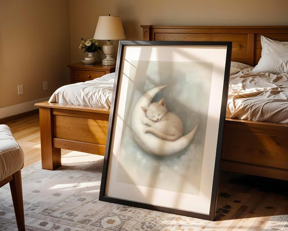 Adorable White Kitten Moon Nap Art Trendy Wall Room Decor Prints Print Poster Nursery Gift