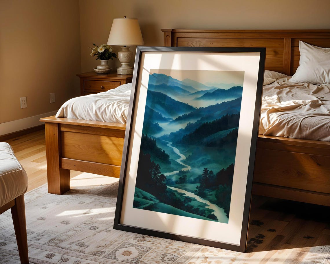 Misty Teal Mountain Valley River Winding Landscape Nature Poster - Image 5