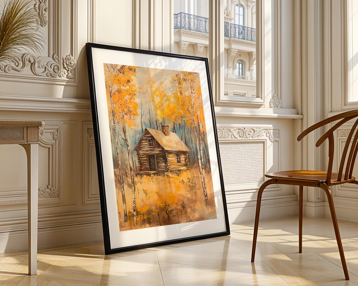 Autumn Log Cabin In Golden Forest Rustic Landscape Painting Poster