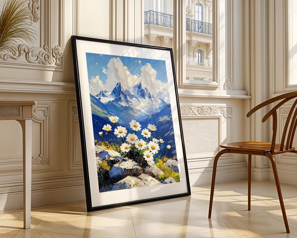 White Daisies Alpine Mountain Peaks Impasto Oil Style Poster - Image 3