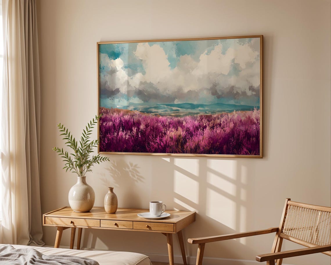 Purple Heather Field Cloudy Sky Landscape Oil Painting Poster - Image 5