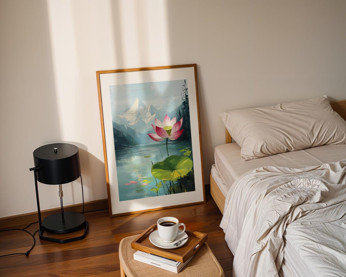 Pink Lotus Flower Serene Lake Mountain Landscape Oil Painting Poster - Image 2
