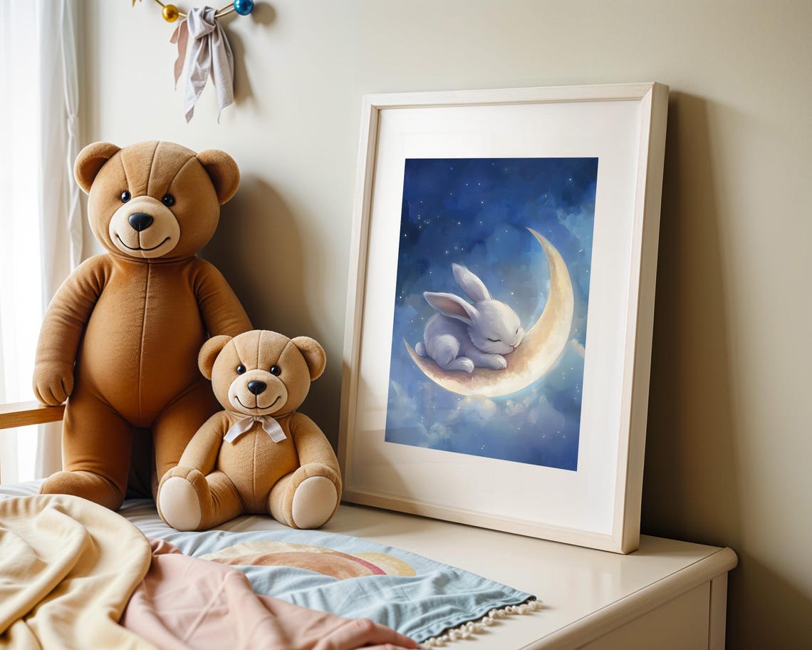 Dreamy Bunny Moon Nursery Wall Art Sleepy Rabbit Crescent Illustration Celestial Night Sky Baby Room Kids Decor - Image 3