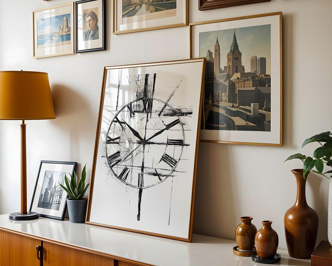 Vintage Abstract Roman Numeral Clock Face Sketch Minimalist Poster