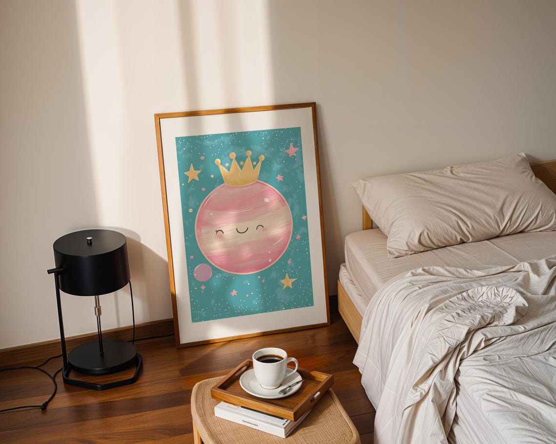 Cute Smiling Pink Planet Gold Crown Nursery Starry Art Poster - Image 2