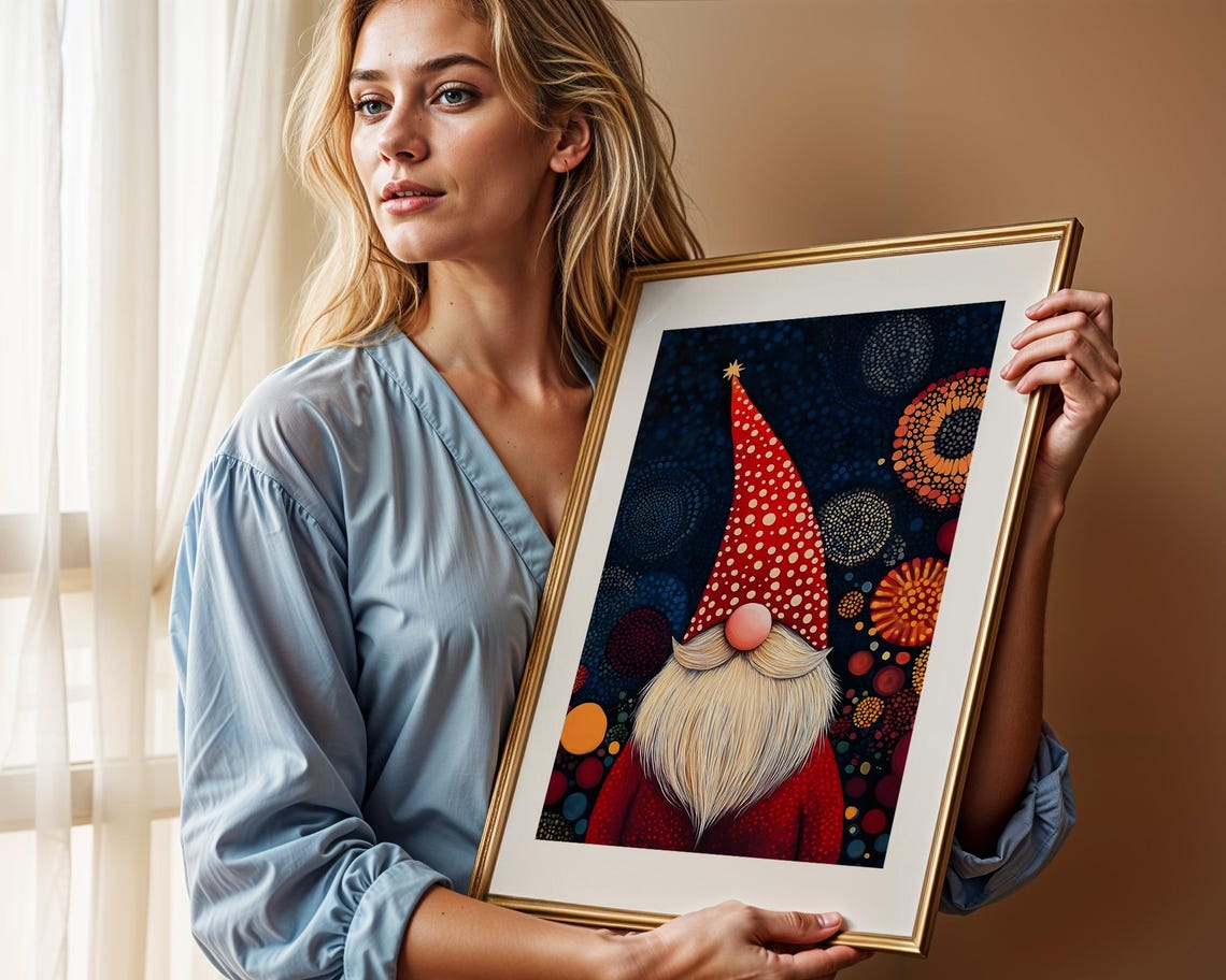 Christmas Gnome Dot Art Red Hat Holiday Festive Winter Poster - Image 2