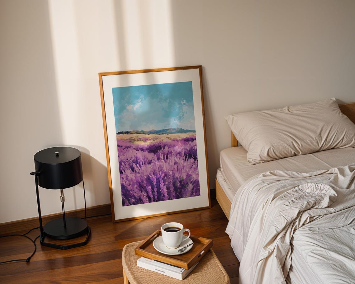 Purple Lavender Field Stretching Under Bright Blue Summer Sky Poster - Image 2