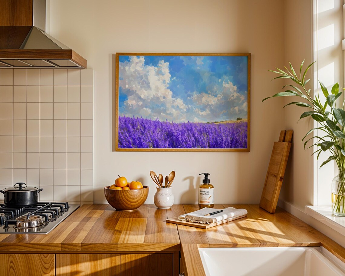 Lavender Field Blue Sky Summer Landscape Oil Painting Wall Print - Image 3