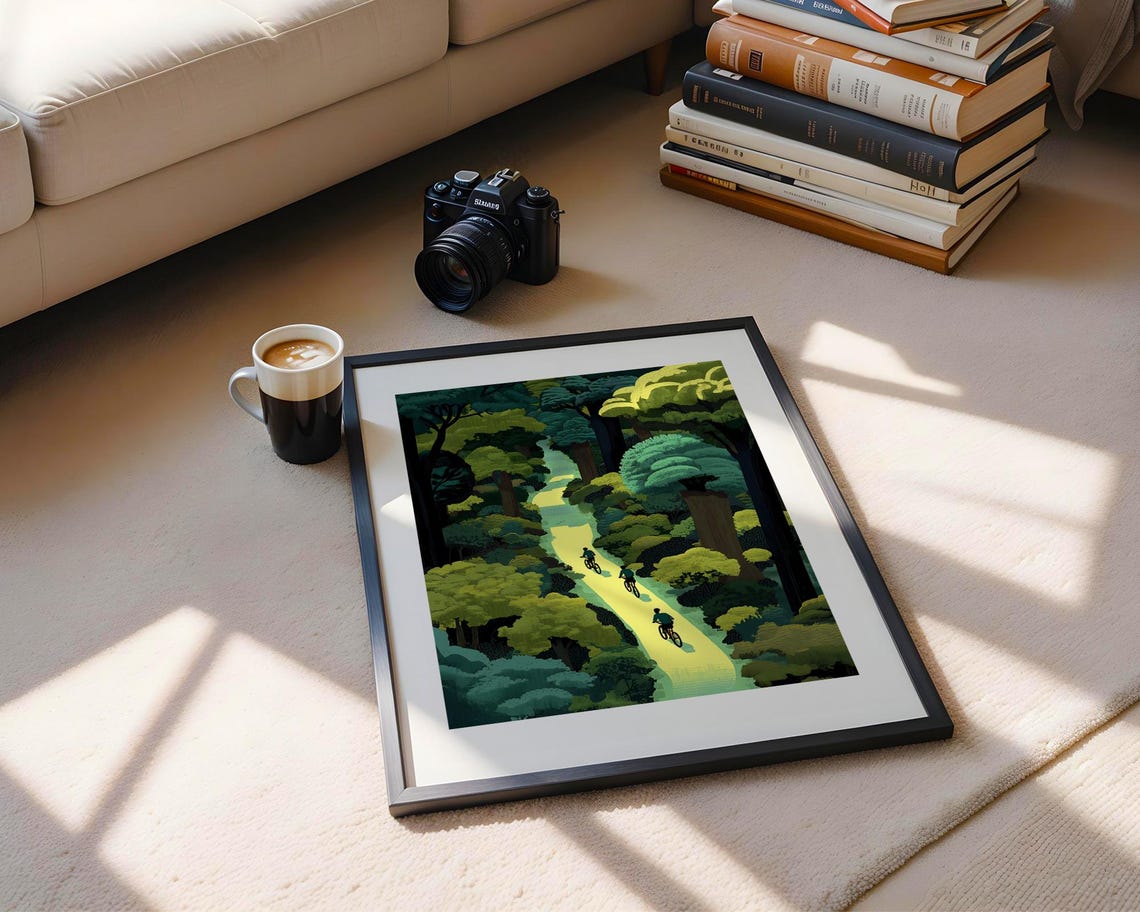 Cyclists on Forest Path Tall Green Trees Minimalist Style Poster - Image 5