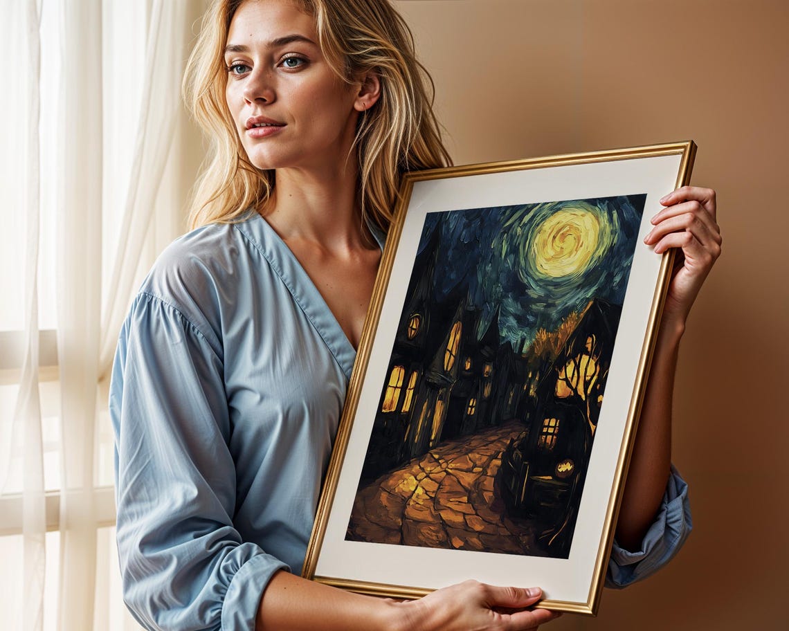 Moonlit Cobblestone Street Night Village Scene Old Town Poster - Image 2