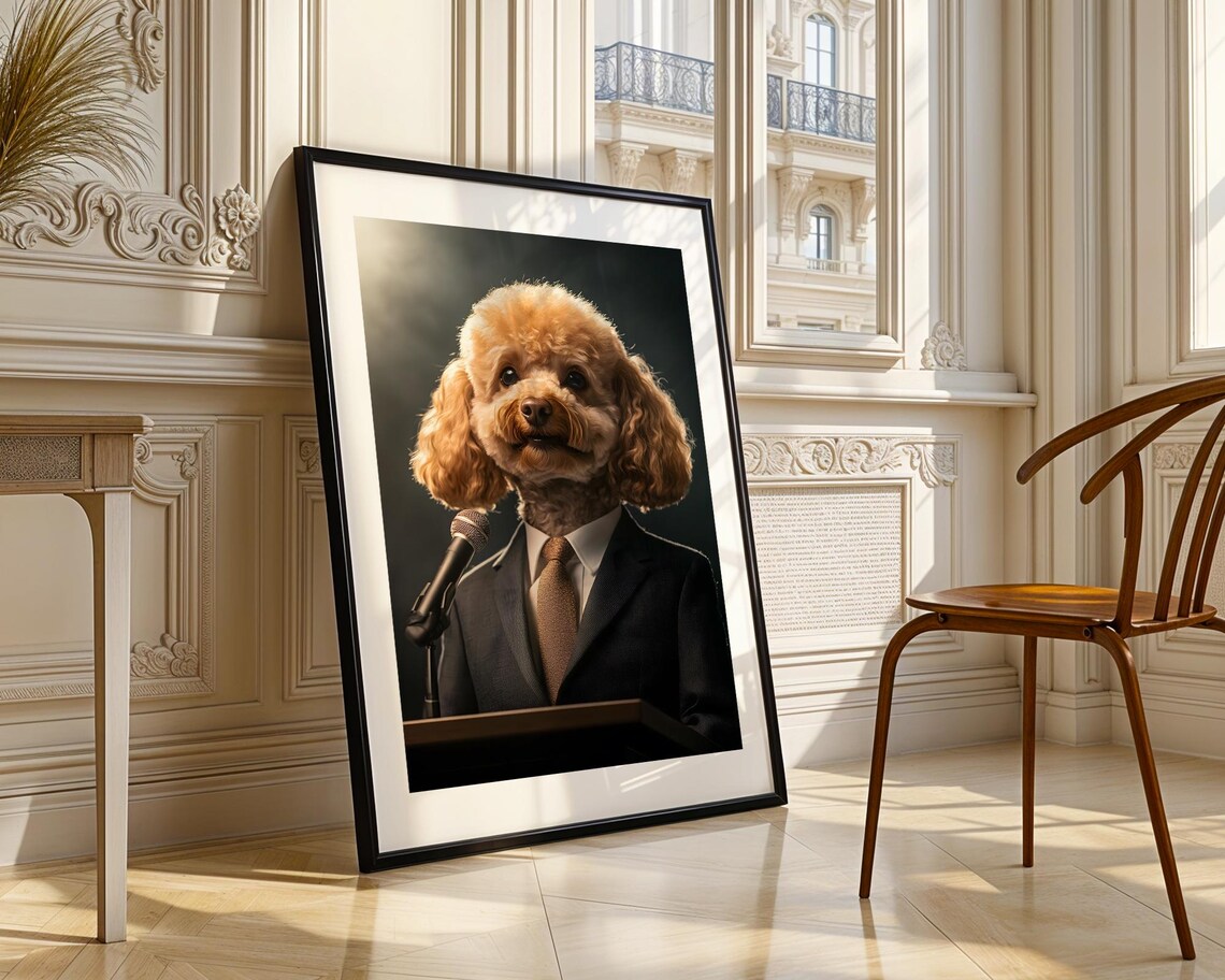 Poodle Business Suit Speech Podium Funny Dog Portrait Humor Art Poster