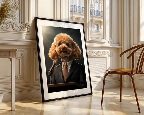Poodle In Suit Giving Speech Anthropomorphic Dog Portrait Painting Trendy Wall Art Modern Prints Print Funny