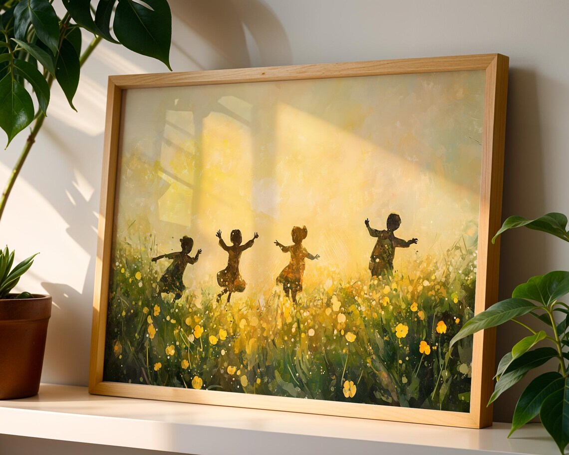 Children Dancing Golden Flower Field Sunset Nostalgic Artwork Poster - Image 4
