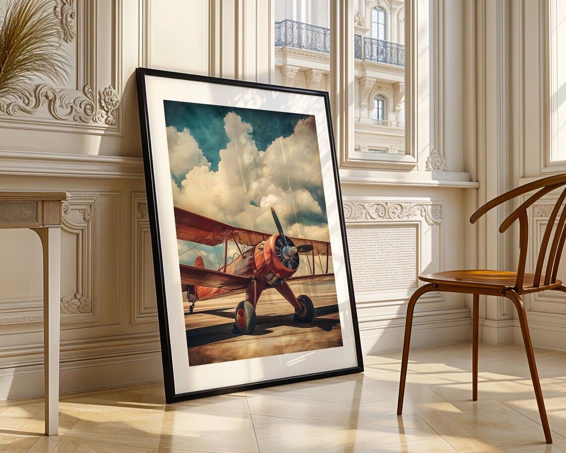 Vintage Red Biplane On Airfield Retro Aviation Painting Poster