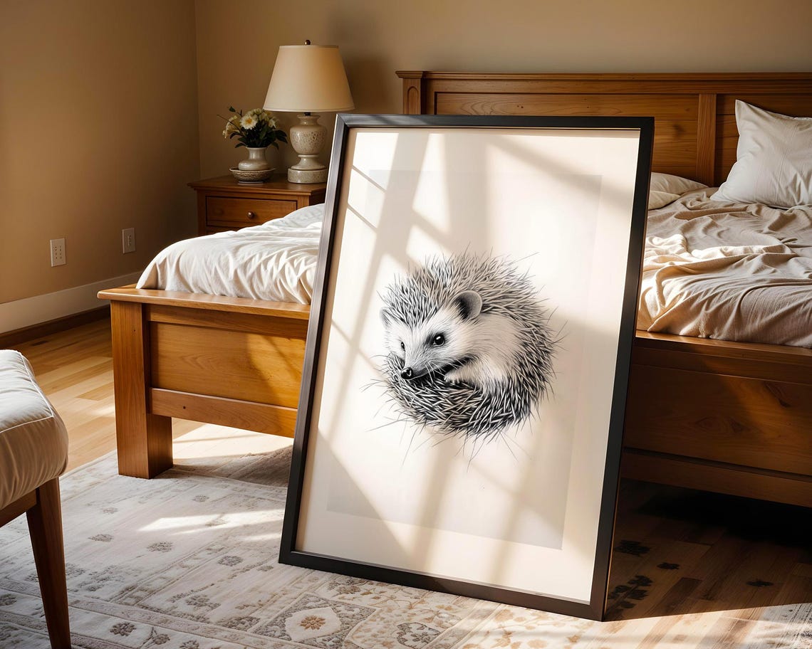 Cute Hedgehog Curled Ball Monochrome Sketch Sweet Animal Art Poster