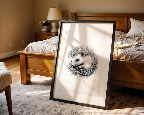 Charming Hedgehog Pencil Sketch Wall Art Monochrome Wildlife Poster For Nursery Living Room Office Study Decor