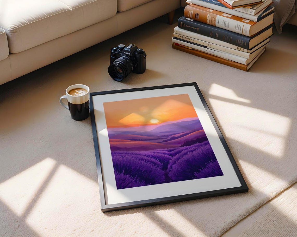 Lavender Hills Sunset Orange Sky Purple Flower Fields Art Poster - Image 4