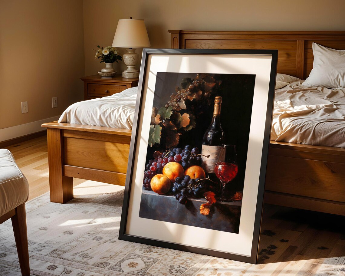 Wine Bottle Grapes Dark Still Life Oil Style Classic Dining Poster - Image 5