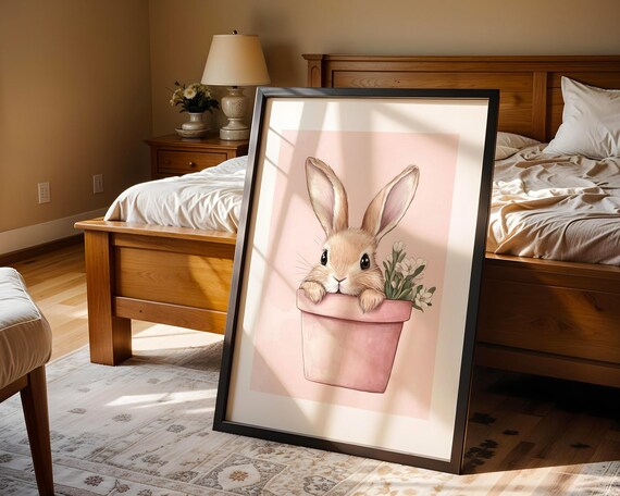 Cute Bunny Rabbit Pink Flower Pot Nursery Kids Room Art Print