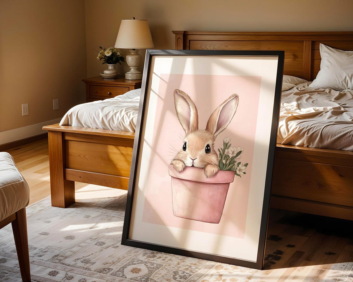 Cute Bunny In Flower Pot Nursery Decor Art Print Trendy Wall Room Prints Poster