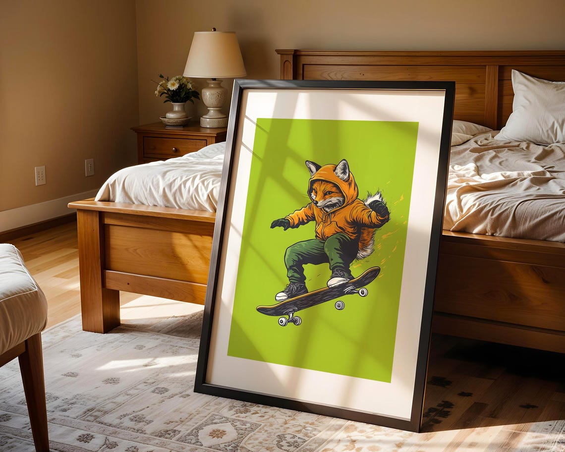 Skateboarding Fox Orange Hoodie Trick Lime Green Street Style Poster - Image 5
