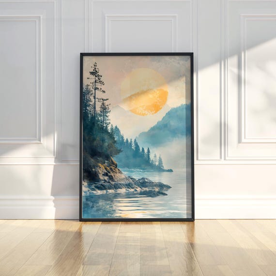 Misty Lake Wall Art Print Nature River Landscape Pine Trees Rocks Serene Peaceful Modern Home Room Decor Gift